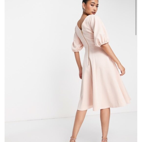 Blush Pink Puff Sleeve Fit & Flare Dress Size 10 Elegant Cocktail Evening Party - Picture 5 of 12